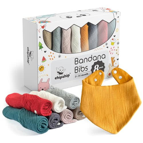 CHIPCHIP Baby Bibs for Drooling and Teething, 8-Pack Bandana Muslin Bibs, 100% Cotton Bibs for Baby Girl, Bibs for Boys