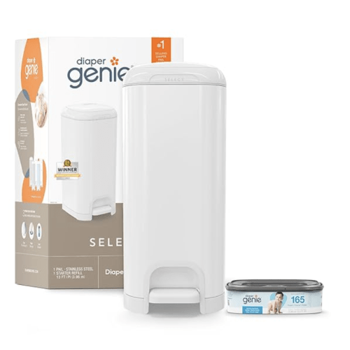 Diaper Genie Select Pail is Made of Durable Stainless Steel and Includes 1 Starter Square Refill That can Hold up to 165 Newborn-Sized Diapers.