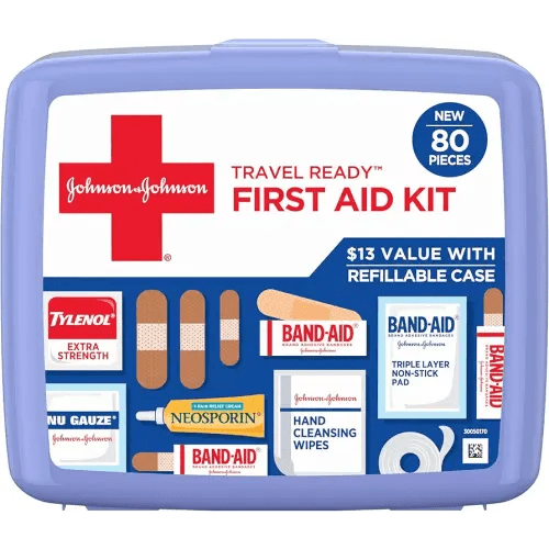 Band-Aid Travel Ready Portable Emergency First Aid Kit for Minor Wound Care with Assorted Adhesive Bandages, Gauze Pads & More, Ideal for Travel, Car & On-The-Go, 80 pc