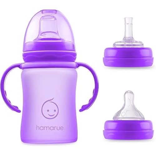 3-in-1 Glass Sippy Cups for Toddlers | Silicone Coated Glass Baby Bottles | Non-Toxic Transition Cup for Baby with Removeable Handles | Baby Straw Cup NB+,3M,6M,12M (Purple, 5 oz)