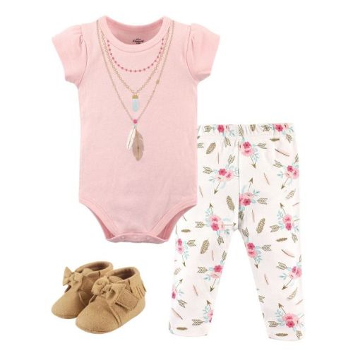Little Treasure Baby Girl Cotton Bodysuit, Pant And Shoe 3pc Set, Boho, 3-6 Months