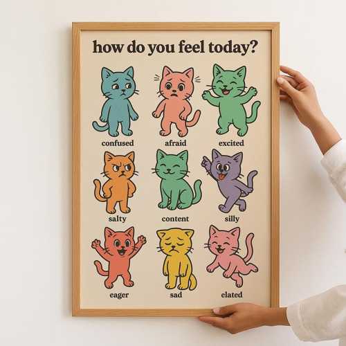 Cute Funny Emotion Cat Posters for Kids' Rooms | Mood Chart Art | Nursery Decor, Gift for Pet Lovers, Educational Art, Cozy Wall Art, Kitsch