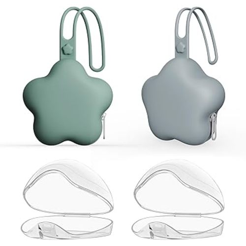 4 Pack Pacifier Holder Case,2pcs Silicone Portable Pacifier Pouch and 2pcs Transparent Nipple Holder Case Container, On-the-GO Pacifier Storage Container Box,BPA Free, Easy to Clean（Gray+Green）