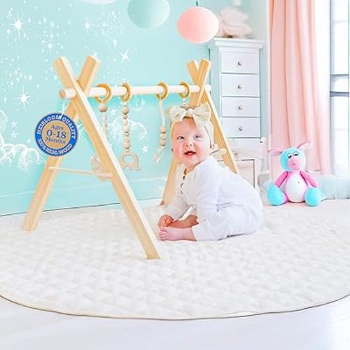Poppyseed Play - Wooden Baby Play Gym, Montessori Activity Center w/Hanging Beech Wood Toys, Foldable Natural Pine Wood Frame, Portable Infant Play Gym, Motor Skill Development & Modern Nursery Decor