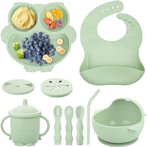 Baby Weaning Set, Silicone Baby Feeding Set(10 Pcs), Toddler Weaning Set with Adjustable Bib, Suction Bowl, Plate, Fork, Spoon, Water & Snack Cup Kit, Baby Led Weaning Kit for Babies and Kids