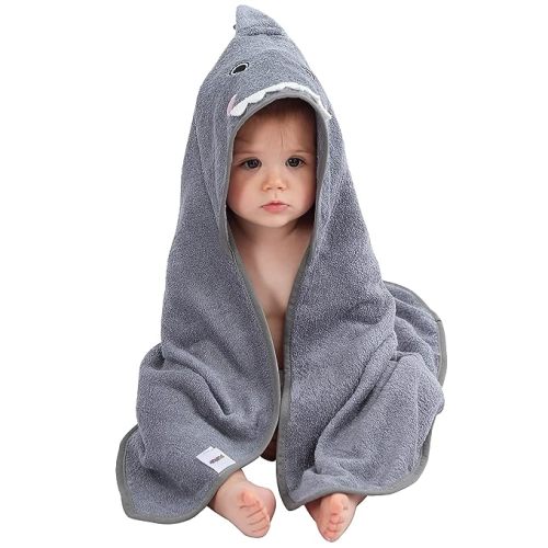 MICHLEY Bamboo Viscose Baby Hooded Bath Towel for Boys and Girls, 29.5 x 29.5 Inch Ultra-Soft and Quick-Drying Infant Bathrobe (Shark)