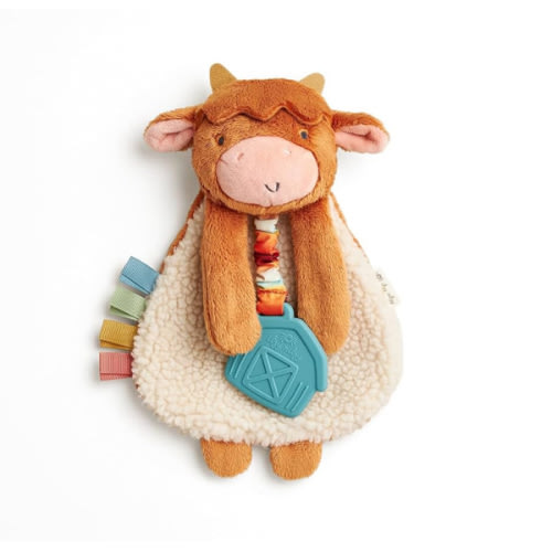 Itzy Ritzy - Itzy Lovey Including Teether - Baby Lovey with Teether, Textured Ribbons & Dangle Arms - Features Crinkle Sound, Sherpa Fabric and Minky Plush (Highland Cow)