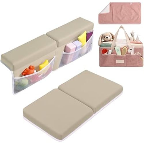 Bath Kneeler and Elbow Rest Pad (Beige) and Teddy Diaper Caddy with Changing Pad (Pink) Bundle