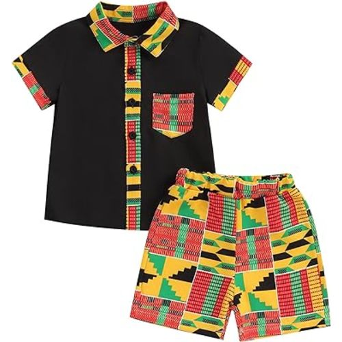 Mubineo Toddler Baby Boy Summer African Print Kente Dashiki Clothes Outfits T Shirts Shorts Sets