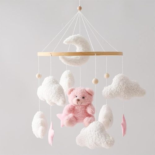 EERKEOD Baby Crib Mobile Bear Nursery Mobile for Boys Girls Teddy Velvet Mobile Nursery Decor for Infant Bedroom Hanging Baby Mobile for Bassinet Newborn Baby Gift(Pink Bear)