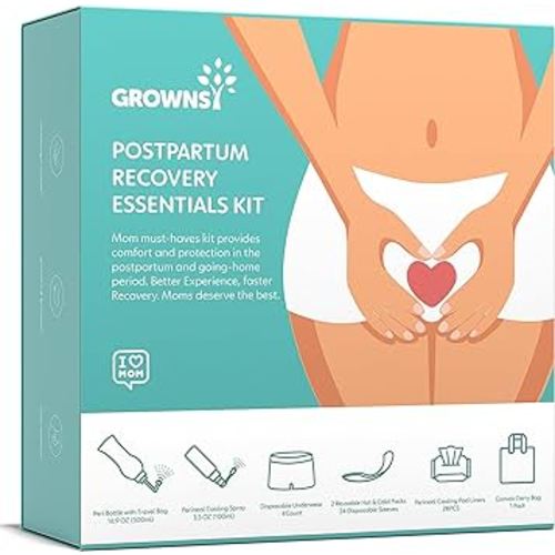 Grownsy Postpartum Essentials Recovery Kit for Labor & Delivery | Postpartum Kit for Women | Includes Upside Down Peri Bottle, Perineal Spray, Cooling Pad Liners, Ice Packs & Disposable Underwear