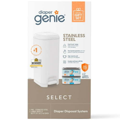 Diaper Genie Select Pail, Stainless Steel, Gift Set with 2 Jumbo Refills, White, 810 Count, Infant