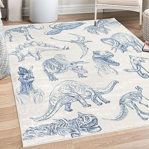 Ambesonne Jurassic Decorative Rug, Arrangement of Various Dinosaurs Illustrations Skeleton Biology Historic, Quality Carpet for Bedroom Dorm and Living Room, 5' 1" X 7' 5", Persian Blue
