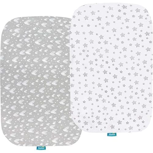 Bassinet Fitted Sheets Fit for Most Bedside Sleeper Bassinet, (35"x21"), Jersey Knit Cotton, Breathable, 2 Pack, Grey Star