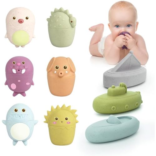 Mold Free Silicone Bath Toys, 9 PCS Baby Bath Toy for Infants 6-12 Months, Soft Chewable Teething Bathtub Toy w/ Water Pouring Games & Floating Games, Early Educational Learning Toy for Boys & Girls - B Pouring Animals