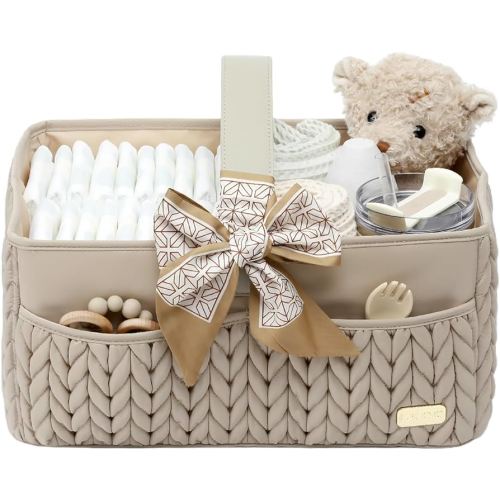 Luxurious Baby Diaper Caddy, Nursery Storage Basket for Newborn Essentials, Travel Baby Basket for Diapers Baby Wipes, Organizer Tote Bag Storage Bin, Baby Shower Gifts(Beige)