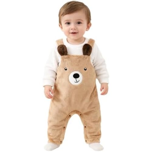 Newborn Baby Boy Plush Outfit 3PCS Cartoon Bear Suspender Pants + Top + Hat Warm Autumn Winter Clothes