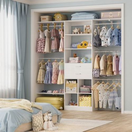 Besiost 5FT Closet Organizer with Wood Drawers and Cubbies, Small Closet System with 5 Hanging Rods - White