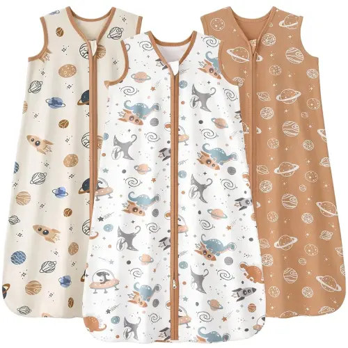 Baby Sleep Sack 6-12 months, 100% Cotton Sleeping Sack for Newborn and Infant, 3 Pack Baby Wearable Blanket for Boy and Girl, 0.5 Tog Lightweight Double Zipper Sleep Bag Coffee Dinosaur Planet