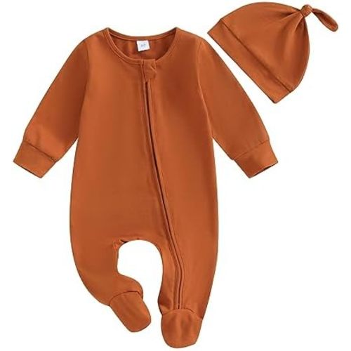 3-6 months Baby Girl Boy Clothes Infant Long Sleeve Soild Footed Romper Zipper Footie Jumpsuit With Hat Fall Outfit