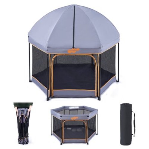 Pamo Babe Unisex Premium Indoor and Outdoor Baby Playpen - Portable, Lightweight, Toddler Play Yard With Canopy and Travel Bag - Grey