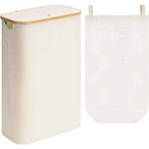 StorageWorks 60L Large Laundry Hamper with Lid, Tall Laundry Basket with Bamboo Handles and Removable Inner Bag, Collapsible Laundry Hamper for Clothing, Towels, Beige, 1-Pack