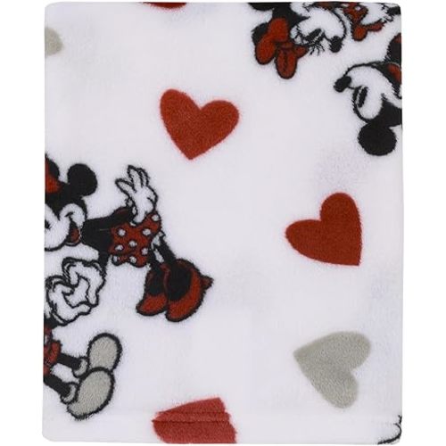 NoJo Disney Mickey Mouse & Minnie Mouse Red, Gray, and White Valentine Hearts Super Soft Plush Baby Blanket