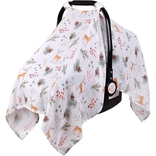 Rquite Car Seat Cover Baby, Carseat Covers Baby for Girl Boy, Muslin Cotton Infant Car Seat Cover, Lightweight Car Seat Canopy, Breathable Baby Carrier Cover, Summer Stroller Sun Shade, Deer