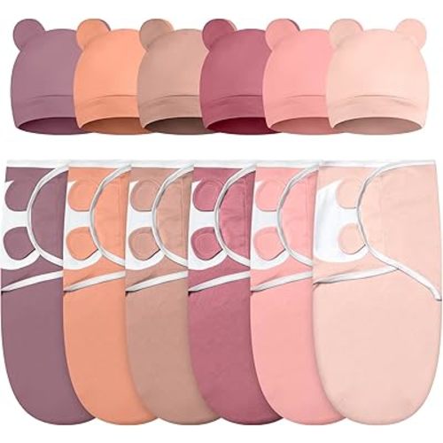 Ramede 6 Pack Baby Swaddle Blankets with Hats,Simple,Solid Pink