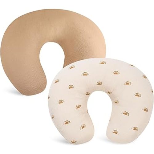 Winmany 2 Pack Baby Muslin Nursing Pillow Covers Newborn Neutral Boys Girls Breastfeeding Slipcover Stretchy and Soft Removable Cover for 22.5" x 18" Nursing Pillow (Khaki+Sun)