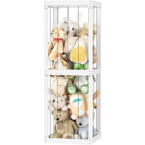 Stuffed Animal Zoo Storage, Large Toy Organizer with Elastic Band, Wood Toys Holder for Toddler Baby Girls Boys, Space Save Shelf for Nursery Playroom Bedroom Decor Corner Doll Box, White