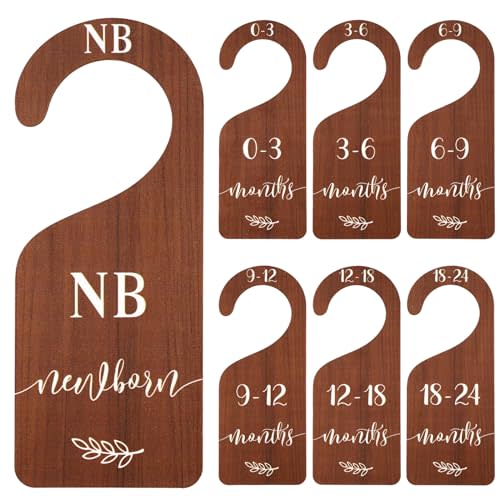 Whaline 7Pcs Wooden Baby Closet Size Dividers with Pink Velvet Bag Newborn to 24 Month Thicken Infant Wardrobe Organizers Home Nursery Hanger Decor for Baby Shower Party Gift Supplies