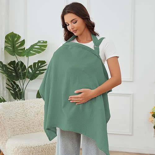 Nursing Cover for Baby Breastfeeding with Rigid Hoop, Breathable Soft 100% Muslin Cotton, Baby Breast Feeding & Pumping Apron, Multi Use Baby Car Seat Stroller Cover (Cyan)