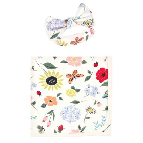 Touched by Nature Baby Girl Organic Cotton Swaddle Blanket and Headband or Cap, Flutter Garden, One Size