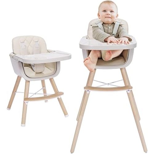 3-in-1 Convertible Wooden High Chair, High Chairs for Babies and Toddlers, Baby High Chair with Adjustable Legs & Dishwasher Safe Tray, Made of Sleek Hardwood & Premium Leatherette, Beige Color