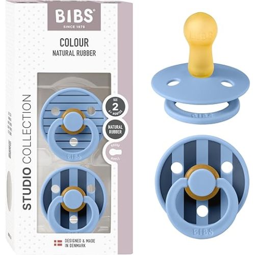 BIBS Pacifiers - Colour Studio 2 Pack | Round Nipple Baby Pacifier | BPA Free Natural Rubber Latex Soother | Made in Denmark | Size 6+ Months | Pin Sky Blue