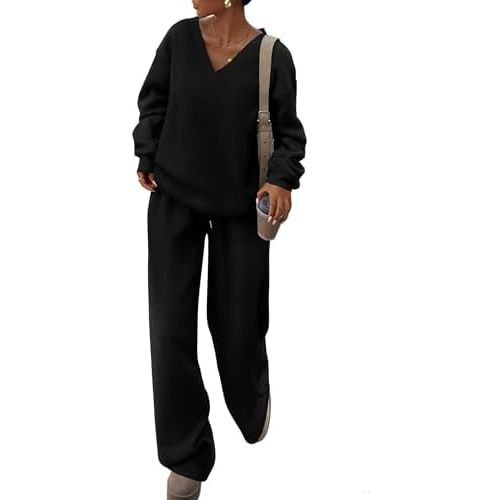 PRETTYGARDEN Casual Winter Two Piece Sets for Women 2025 V Neck Sweatshirt Loose Wide Leg Pants Tracksuit Knit Fall Outfits