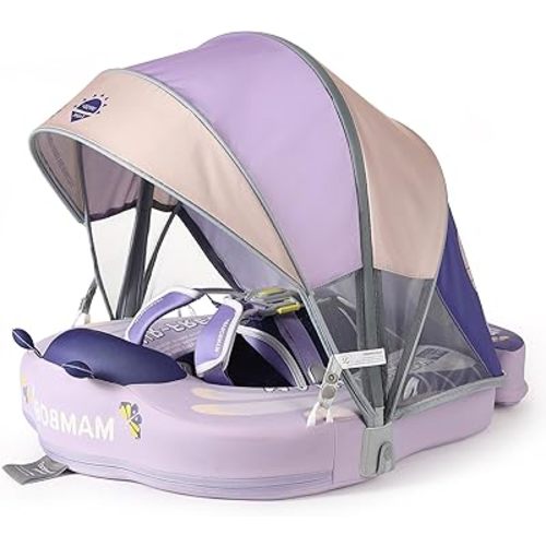 Mambobaby Float Add Tail Baby Swim Float with Canopy Solid Pool Infant Swim Trainer Swimming Training Lying Air Free Water Floats Non-Inflatable Waist Swim Ring for Toddlers (Butterfly-Purple)