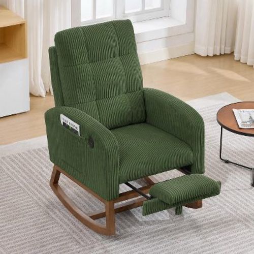 Nursery Rocking Chair - Linen/Corduroy Upholstered Glider Rocker with Side Pocket. Footrest. High Back Nursing Chair. Modern Accent Armchair