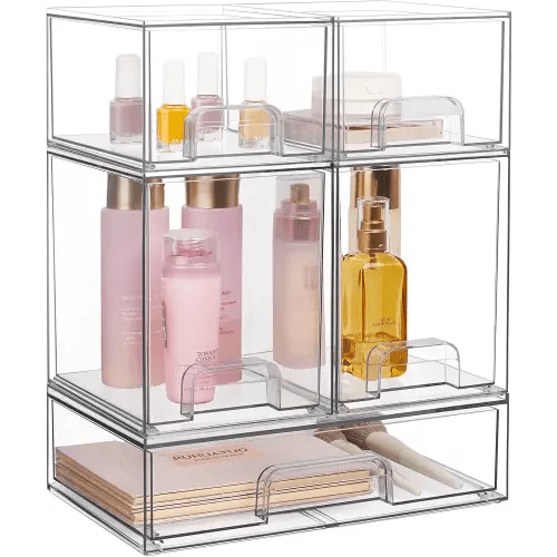 Vtopmart Stackable Storage Drawers Set of 5, 12" Wide and 4.4''&7.6'' High Clear Plastic Organizer Bins for Beauty Supplies,Ideal for Vanity, Bathroom,Cabinet,Pantry Organization