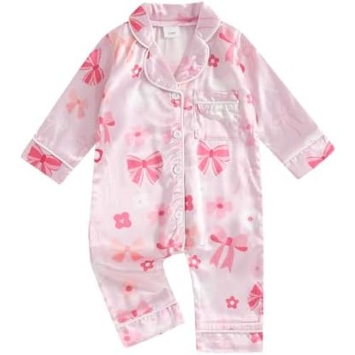 MAINESAKA Newborn Baby Girl Boy One Piece Pajama Romper Sleep Jumpsuit Silk Satin Long Sleeve Button Down Pjs Sleepwear