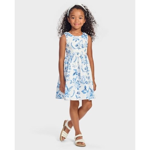 Girls Mommy And Me Floral Bird Bow Fit And Flare Dress - Blue Belle - White