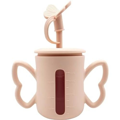 Silicone Baby Sippy Cup with Spill Proof Straw&Lid | Baby Sippy Cup for 6-12Months | Transition Bottles for 1Year Old Toddler for Milk/Juice/Puree |Peach Dust, 5oz