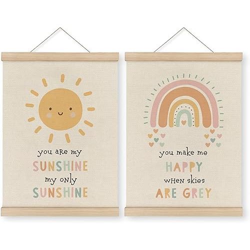 MAQIKA You Are My Sunshine Decor Poster Framed with Wood Hanger Set of 2, Sunshine Nursery Decor,Nursery Art Hanging Wall Decor, Boho Rainbow Decor Canvas Wall Art Paints for Girls Nursery 12x16 Inch