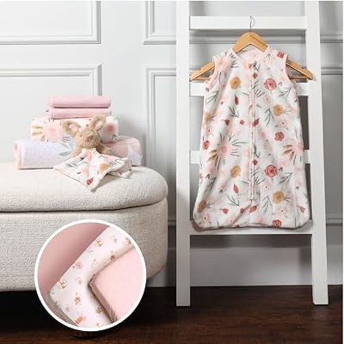 Life Comfort 8 Piece Nursery Bundle, Floral Pink Includes 1 Reversible Comforter, 2 Fitted Sheets, 1 Soft Blanket, 2 Flannel Receiving Blankets, 1 Bunny Baby Buddy & Muslin Wearable Sleep Sack