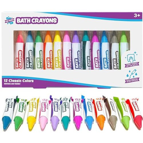Tub Works® Smooth™ Bath Crayons Bath Toy, 12 Pack | Nontoxic, Washable Bath Crayons for Toddlers & Kids | Unique Formula Draws Smoothly & Vividly on Wet & Dry Tub Walls | Hexagon Grip Bathtub Crayons