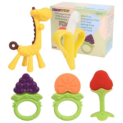 Baby Teething Toys 5 Pack, BPA Free Teething Toys for Babies 0-6 Months Teethers Freezer Safe Soft Silicone Fruit Giraffe Teethers Set Gift for 6-12 Months Infant Newborn Girls and Boys