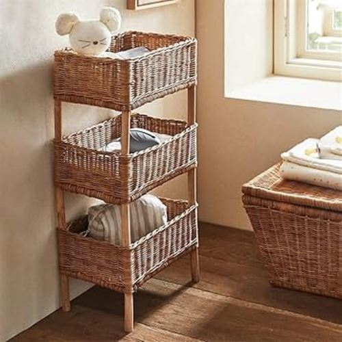 3-Tier Rattan Storage Rack, Hand-Woven Storage Rack, Vertical Tiered Basket for Living Room, Bedroom, Kitchen, Bathroom(Brown,11.8X7.9X23.6in)