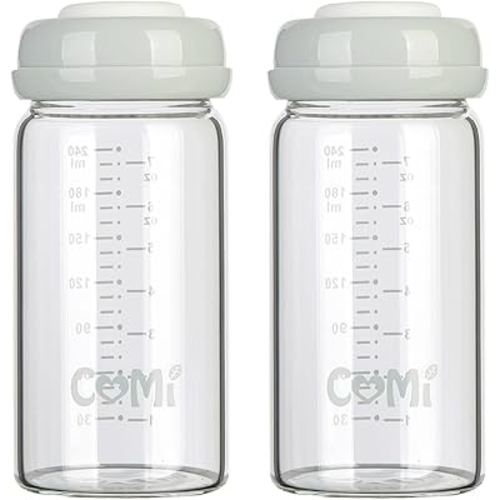 COMI Wide Neck Glass Breastmilk Collection n Storage Bottle, 8oz with Screw Ring Sealing Disk; Re-markable Sealing Disc. BPA Free, Fits Breast Pumps & Nipples (2 Gray Lids)