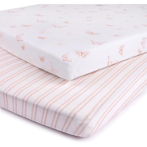 Pack n Play Sheet, Playard, Portable Crib Fitted Sheets 2 Pack - 100% Jersey Cotton for Baby Girl Pink Butterflies + Stripes